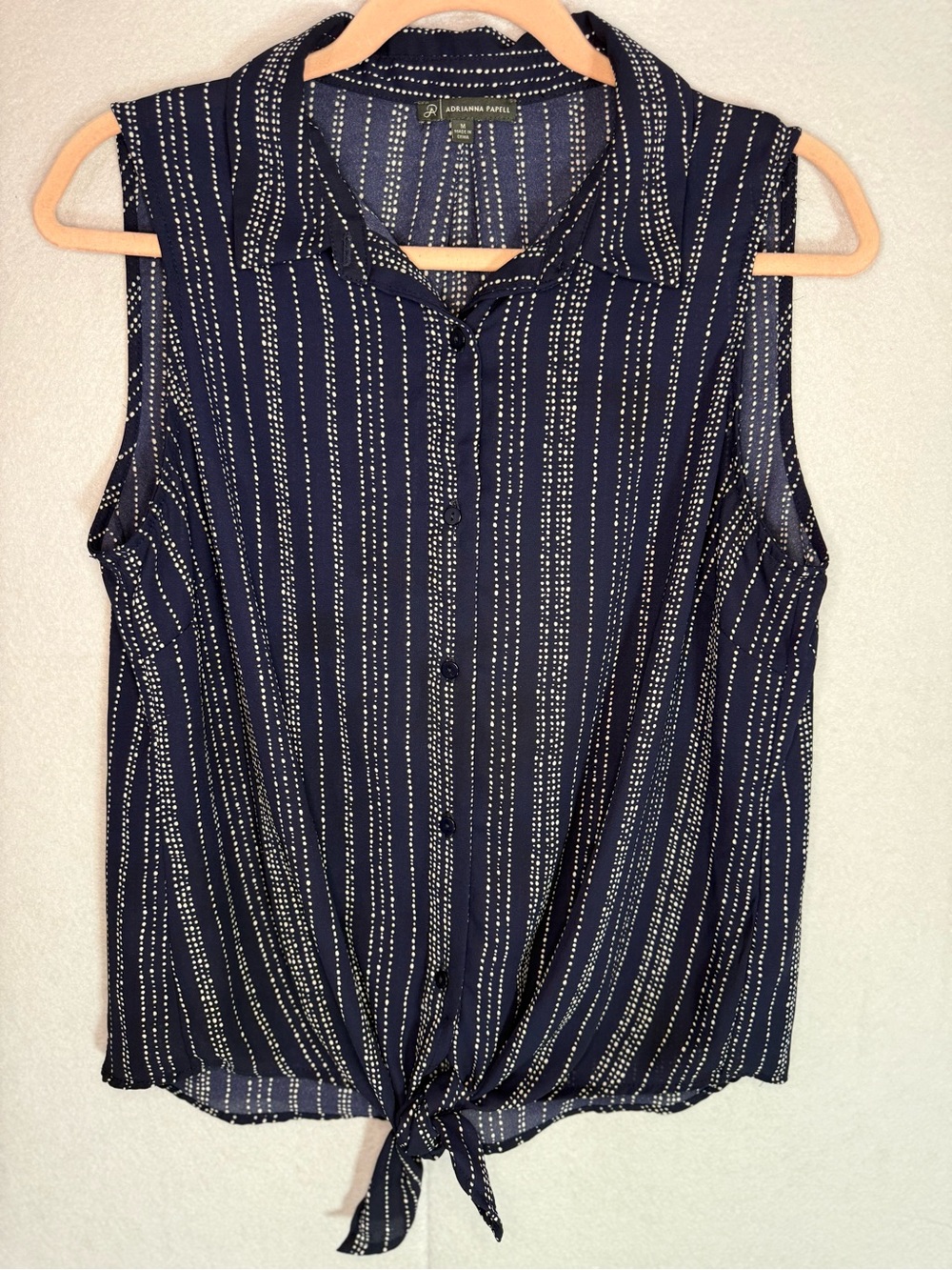 Adrianna Papell - Navy Sleeveless Button-Front Tie-Hem Stripe Blouse - Size M
